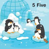 Flashcard number five with 5 penguin learning for kid illustration vector