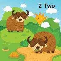 Flashcard number two with 2 yak learning for kid illustration vector