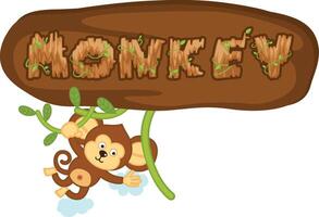 The monkey hangs on a branch with letter wood isolated illustration vector