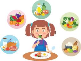 cute girl with the five food group illustration vector