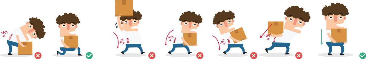 wrong and right carrying position Improper or against proper carrying body posture illustration vector