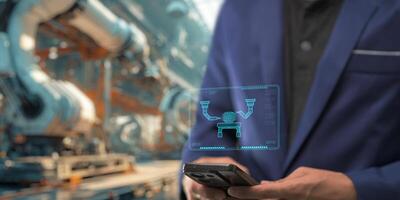 Control the work with an infographic screen. Precision engineering A robotic arm at work in a fully automated facility. Control the work of the robotic arm with an infographic screen. photo