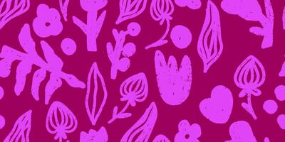 a pattern of pink flowers and leaves on a purple background vector