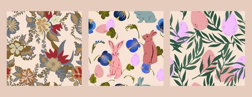 cuatro diferente floral patrones con conejos y flores vector