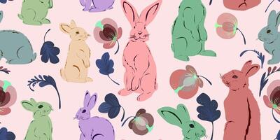 a pattern with rabbits and flowers on a pink background vector