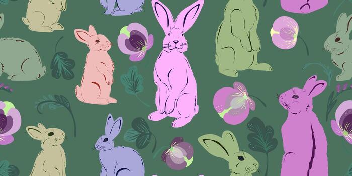 a pattern with rabbits and flowers on a green background vector