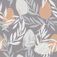 a pattern with eggs and leaves on a gray background vector