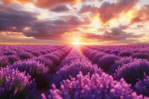 The sunset spectacularly behind a vibrant field of lavender flower farm with golden light casting a warm glow over the purple blossom and aromatic scented photo