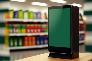 Digital screen vertical mockup on the cashier table for customer use credit card payment reader and check purchase order in a supermarket grocery background photo