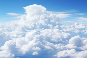 A tranquil capturing the serene beauty of fluffy white cumulus clouds scattered across a clear blue sky, embodying peacefulness and the vastness of nature skyscape horizon photo