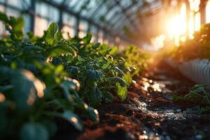 The golden hour sunrise casts a warm glow over a greenhouse, where rows of lush plants signify new growth watering and the harmonious cycle of sustainable agriculture photo