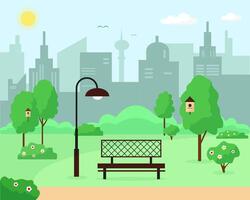 City park with trees, bench and lantern. Spring or summer landscape background. vector