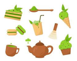 Set of matcha products. Matcha desserts, icecream and drinks. vector