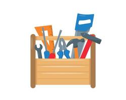 Carpenter or repair tool box with instruments inside. Wooden Workbox with tools isolated on white background. Construction, decoration, repairing houses or offices element. vector