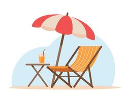 Summer patio furniture. Restaurant or cafe wooden table with chair and beach umbrella for holiday. vector