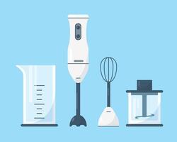 Submersible blender with accessories. Different parts of hand blender on blue background. vector