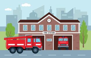 Fire station building with fire engines in city. Fire department house facade and red emergency vehicle. Emergency service concept. vector