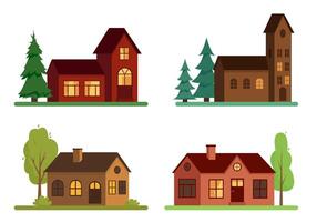 Set of country houses with trees on white background. Elements for nature or city design. vector