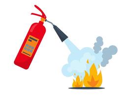 Red fire extinguisher and burning fire with smoke. Fire extinguishing equipment. vector