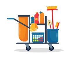 Cleaning cart with tools and supplies. Broom, Bucket and household cleaners on classic Trolley for cleaning service. vector