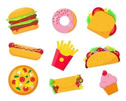 Fast food set icons illustration on white background. Fast or unhealthy food elements. vector