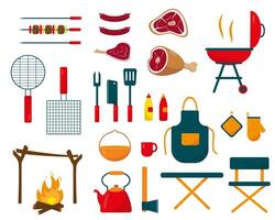 Camping and barbecue set on white background. Big collection of elements or icons for summer holidey or weekend concept design. vector