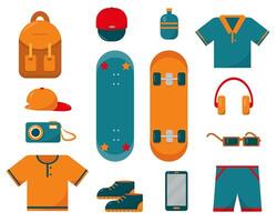 Set of skateboard, clothes and necessary things for sketeboarding. vector