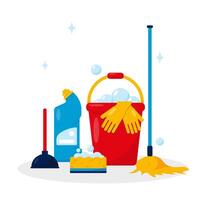 Cleaning service concept. Housekeeping products and tools. Mop, basket, plunger and sponge with cleaner. vector