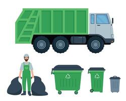Garbage collection, Waste recycling and transportation set. Sanitary Vehicle, bins and dustman worker. Waste Collection. vector