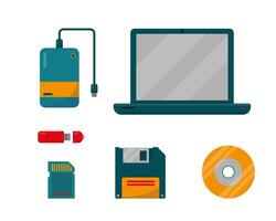 Set of External Storage with laptop. Digital data devices icons isolated on white background. vector