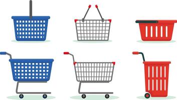 Set of shopping baskets and trolleys isolated on the white background. vector