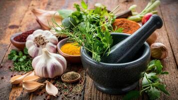 Cooking food ingredients Spices garlic herbson photo