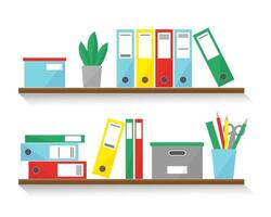 Shelves with books, boxes and folders for office interior. vector