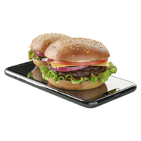 3D Rendering of a Burger on Mobile Phone on Transparent Background - png