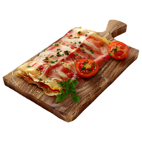 3D Rendering of a Meat Steak with Tomatoes in a Wooden Plate on Transparent Background - png