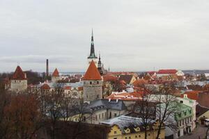 Aerial view of old town Tallinn, Estonia. Tallinn city from view point. Cityscape with medieval houses and rooftops. Panoramic landscape of walls and towers of capital city Tallinn photo