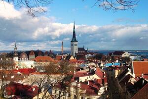 Aerial view of old town Tallinn, Estonia. Tallinn city from view point. Cityscape with medieval houses and rooftops. Panoramic landscape of walls and towers of capital city Tallinn photo