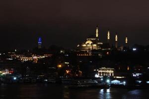 Suleymaniye mosque with a crescent moon in the background. Happy the 27th day of Ramadan or laylat al-qadr. photo