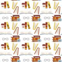 Different books seamless pattern isolated on white. Stack of textbooks with tea mug. Office folders with coffee cup and eyeglasses. Packing paper. World Book Day hand drawn flat illustration vector