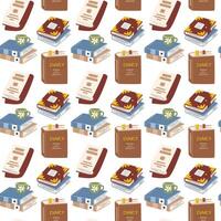 Perspective illustration of diary and office folders. Seamless pattern of books in hand drawn flat style. Textbooks and mug of tea isolated on white. Reading time repeating background design vector