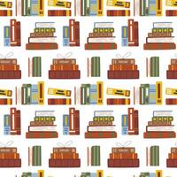 Stack of library books wallpaper background design. Education and knowledge concept. Pile of various textbooks seamless pattern isolated. Bookstore wrapping paper hand drawn flat illustration vector