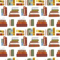 Stack of library books wallpaper background design. Education and knowledge concept. Pile of various textbooks seamless pattern isolated. Bookstore wrapping paper hand drawn flat illustration vector