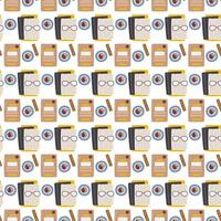 Office documents and folder with coffee cups. Pile of notebooks with glasses isolated on white background. Business seamless pattern concept design. Stack of books hand drawn flat illustration vector