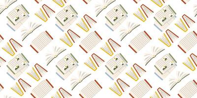 Horizontal repeating background with opened books. Reading time illustration isolated on white. Different textbooks seamless pattern in hand drawn falt style. Wrapping paper design for bookshop vector