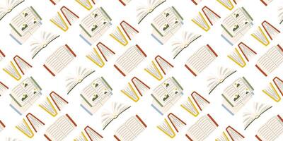 Horizontal repeating background with opened books. Reading time illustration isolated on white. Different textbooks seamless pattern in hand drawn falt style. Wrapping paper design for bookshop vector