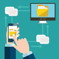 File transfer. Hand holding smartphone with folder on screen and documents transferred to computer. Copy files, exchange, file sharing concept. Flat vector