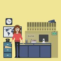 Bank woman employer standing in bank interior. Flat . vector