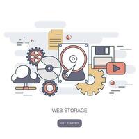 Web storage concept. Cloud computing concept. Work desk with computer technology, cell phones and tablets. Flat illustration vector