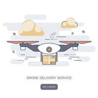 Delivery drone with the package. Concept for delivery service. Flat design outline illustration. vector