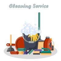 Cleaning equipment. Cleaning service concept. Poster template for house cleaning services with various cleaning tools. Flat illustration vector